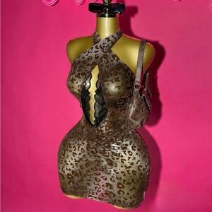 Leopard Print Halter Cutout Mini Dress - Brown